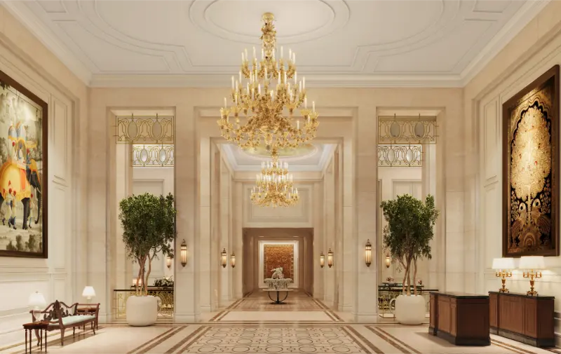 Grand hotel entrance foyer with elegant interiors